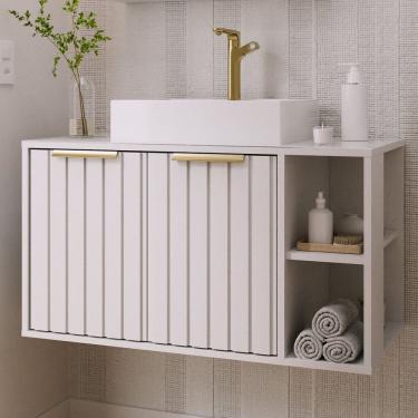 Imagem de Gabinete para Banheiro 80cm com 2 Portas 2 Nichos e Cuba de Sobrepor Noruega Branco