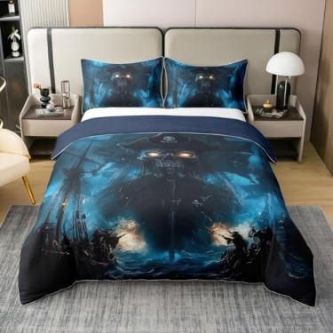 Imagem de Capa de edredom de algodão capitão pirata, aventura náutica, navio pirata, jogo de cama macio, 3 peças (sem edredom), capa de edredom temática oceânica, 2 fronhas