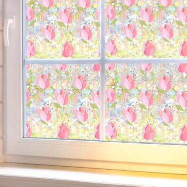 Imagem de Película de privacidade para janela, decoração decorativa de flores e plantas, adesivos de janela de vitral dupla face para casa, sala de estar, banheiro, vidro, janela, porta, 100 x 40 cm (tulipa)
