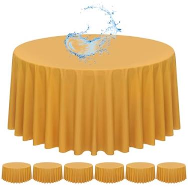 Imagem de Pacote com 6 toalhas de mesa redondas douradas, 230 cm, toalha de mesa de poliéster impermeável para mesas redondas douradas, resistente a manchas e rugas, capa de mesa de tecido lavável para festas