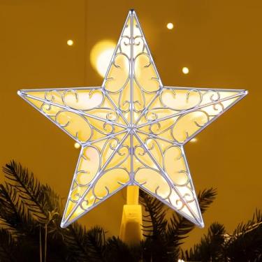 Imagem de Nuanchu Enfeite de árvore de estrela de Natal com brilho de 26 x 24 cm, enfeite de topo de estrela de Natal com 20 luzes de LED refletor de Natal, decorações iluminadas de topo de árvore (prata