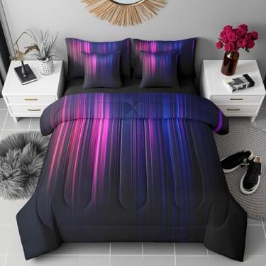 Imagem de Conjunto de edredom geométrico abstrato ombré, tamanho casal, 7 peças, listrado, rosa e azul, moderno, abstrato, geométrico, lençol de cima, lençol com elástico, fronhas e fronhas, reversível