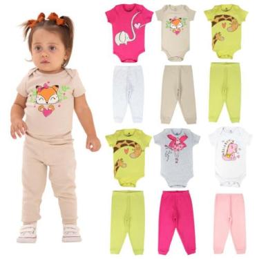 Imagem de Kit Body 6 Peças de Roupas para Bebê Menina 3 Body Curto 3 Calça Mijão