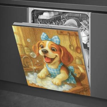 Imagem de HOMETITUTE Capa magnética para lava-louças 58 x 66 cm Cão beagle fofo cena de lavagem de louça, capa de ímã de máquina de lavar louça para decoração de utensílios de cozinha, painel frontal, arte