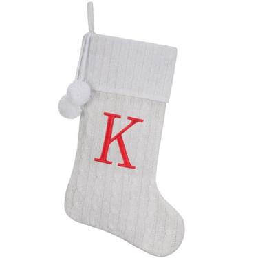Imagem de Pxniy Meia de Natal personalizada de 48 cm - malha branca com monograma bordado e pompons, cabide de lareira familiar para decoração de férias, letra K branca
