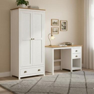 Imagem de Conjunto para Escritório Escrivaninha + Armário 2 Portas 100% Madeira Maciça - Topázio Finestra Branco/Freijó