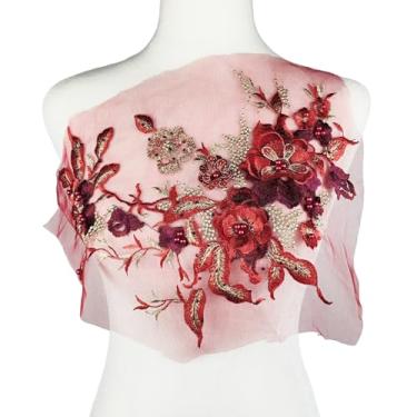 Imagem de Carytalee 1 peça de tecido 3D de renda vermelha com flores bordadas, apliques de contas, remendos para decoração de vestido de noiva de casamento, decoração de roupas de costura, 33 x 25 cm