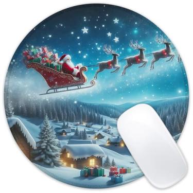 Imagem de Identiy Tapete de mouse pequeno de Natal, véspera de Natal e Papai Noel, tapete de mesa redondo para jogos para teclado e mouse, base de borracha antiderrapante, bordas costuradas para computador