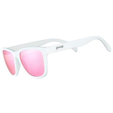 Imagem de goodr Au Revoir, óculos de sol polarizados Gopher, tamanho médio (OG), armação sólida branca com lentes de alto contraste rosa, proteção UV400, sem deslizamento, sem salto