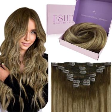 Imagem de Fshine Clipe em Extensões de Cabelo Cabelo Humano Real, 24 Polegada 120g Balayage Chocolate Brown para Caramelo Loiro Grosso Seamless Straight Remy Clip em Extensões de Cabelo Para Mulher 7pcs
