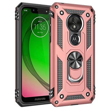 Imagem de Capa de proteção para Motorola Moto G7 Play de grau militar para Motorola Moto G7 Play com anel giratório de metal 360, suporte magnético para carro, à prova de choque para Moto G7 Play (ouro rosa)