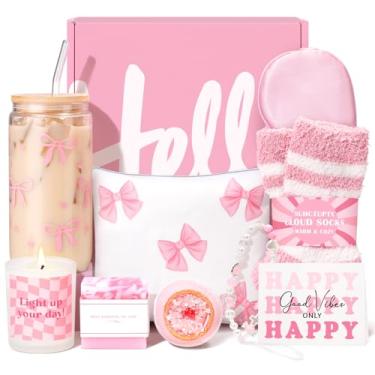 Imagem de Cestas de presente para mulheres, 9 peças de presentes de feliz aniversário exclusivos para mulheres, caixa de melhores ideias de Natal com laço de coquete copo estético para sua adolescente irmã