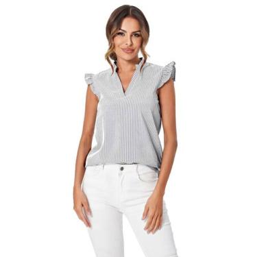 Imagem de Blusa WDIRARA feminina listrada com babados e decote em V