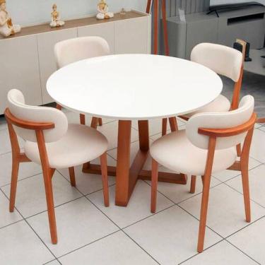 Imagem de Mesa de Jantar 115cm Redonda c/ 4 Cadeiras e Base em Madeira Natural -