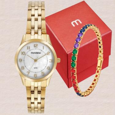 Imagem de Kit Relógio Mondaine Feminino Analógico Dourado 32796LPMKDE1K2 + Semi Joias