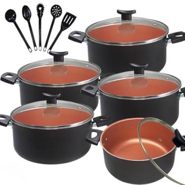 Imagem de Jogo Conjunto Panelas Caçarolas 10 peças Antiaderente Teflon Tampa de Vidro e Utensílios Nylon (Cobre/Terracota)
