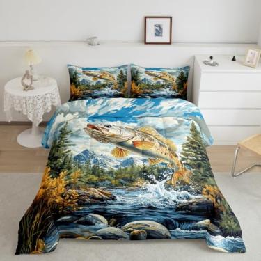 Imagem de Erosebridal Conjunto de edredom rústico de peixe para mulheres, homens, pesca, caça, cama de solteiro, casa de fazenda, rio, lago, casa, edredom, acampamento, lúcio, decoração de peixe