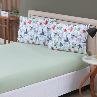 Imagem de Jogo De Lençol Casal Malha 100% Algodão Com Elástico 3 Peças Verde Claro Estampa Beija Flor