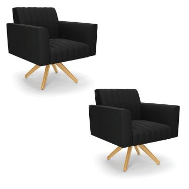 Imagem de Kit 2 Poltronas Giratória Viena Gomada Suede Base De Madeira Ma30 - D'rossi Cor Preto
