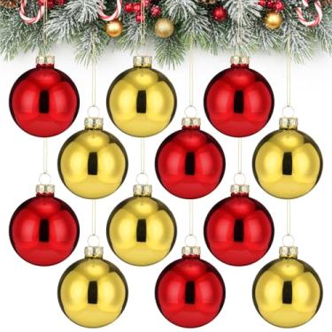 Imagem de Syhood 12 peças de enfeites de bola de vidro de Natal de 5,9 cm, enfeites de árvore de Natal de vidro multicolorido, decoração de bola colorida para decoração de mesa de centro de árvores (vermelho