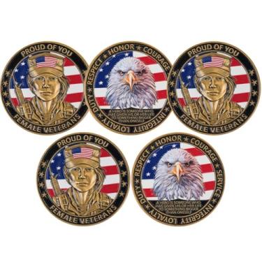 Imagem de 5Pcs 3D Color American Female Veterans Challenge Coin - Dual Sided Honor & Courage Military Appreciation Token, 1.574 Inch Zinc Alloy