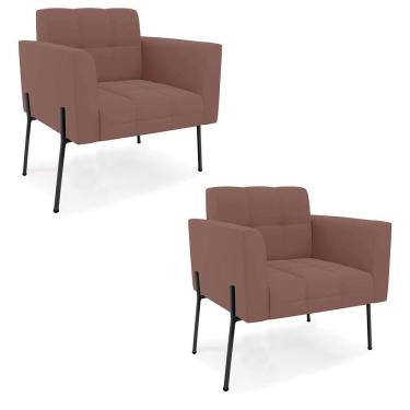 Imagem de Poltrona Pé De Ferro Preto Para Sala Kit 2 Elisa Veludo D03 - D'rossi Cor Rose