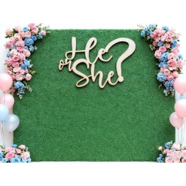 Imagem de Placa de fundo para ele ou ela – Sinal de madeira para festa revelação de gênero, arco de balão, decoração de chá de bebê, suprimentos de decoração de festa de batismo de bebê, adereço de foto de