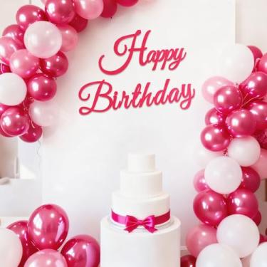 Imagem de TONIFUL Placa de feliz aniversário para pano de fundo - faixa de feltro rosa choque - inclui cola de bolinhas - perfeita para decoração de parede, pano de fundo de festa de aniversário, arco de balão