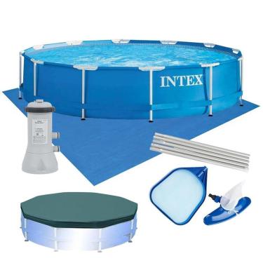 Imagem de Piscina Estrutural 6.503 Litros Armação Azul + Capa + Filtro 220v + Forro + Kit Limpeza- Intex