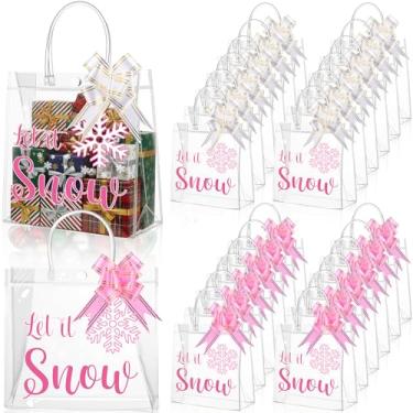 Imagem de Sweetude Pacote com 24 sacos de presente transparentes de Natal a granel com alças e laços rosa branco 19 x 19 x 8 cm rosa floco de neve de Natal PVC doces sacolas de presente transparente para