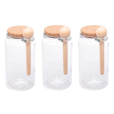 Imagem de Kit 3 Porta Temperos Redondo 1 L Vidro Com Colher De Bambu E Tampa Rolha Lyor