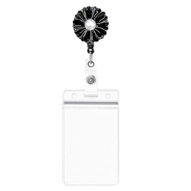 Imagem de Porta-crachá retrátil com design moderno Camelia com suporte de cartão vertical, clipe giratório de 360 graus para crachá de identificação de jacaré com pérola (1 peça) (preto)