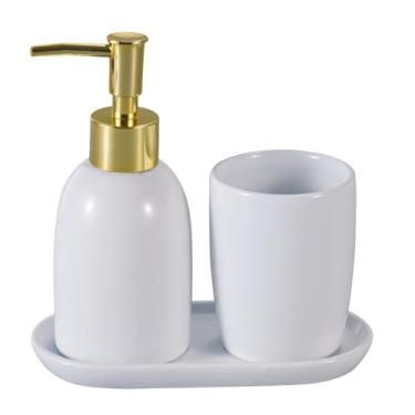 Imagem de Kit Banheiro Lavabo Londres 3 Peças em Cerâmica – Porta Sabonete, Porta Escova e Bandeja Elegante(Dourado)