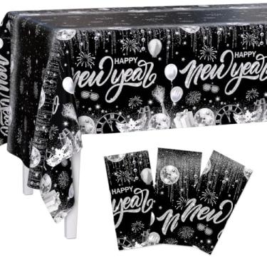 Imagem de AIBIIN Pacote com 3 toalhas de mesa descartáveis de plástico para decoração de feliz ano novo 2026 artigos de festa temáticos preto prata discoteca descartável decoração de festa capa de mesa 137 x