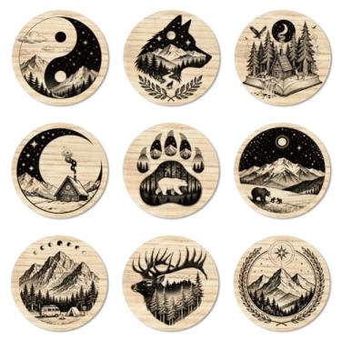Imagem de ANATTASOUL Conjunto de 9 porta-copos de madeira colorida com estampa de floresta e animal, presente de inauguração de casa redonda a granel para casa nova, proteção de mesa de centro decorativa de 9,9