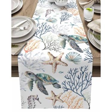 Imagem de Aquarela, oceano, tartaruga, coral, estrela-do-mar, corredores de mesa de linho de algodão, 122 cm de comprimento, vida marinha subaquática em cômoda branca, cachecol para cozinha, café, jantar, sofá