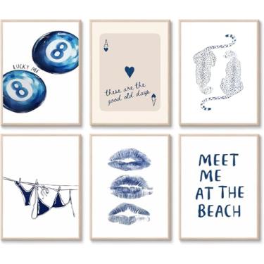 Imagem de Arte de parede leopardo azul marinho na moda pinturas de guepardo impressões Lucky Me 8 pôsteres de bola de biquíni azul marinho preppy decoração de parede em tela estética para dormitório meninas