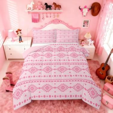 Imagem de Erosebridal Conjunto de cama king size boêmio asteca, decoração ocidental, edredom para quarto de meninas e adolescentes, edredom tribal geométrico exótico, rosa