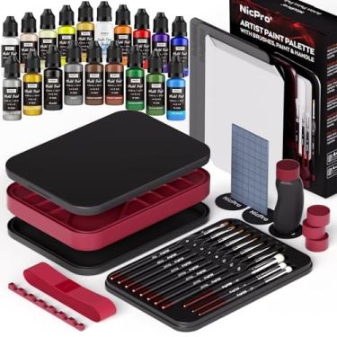 Imagem de Nicpro Kit de pintura em miniatura tudo-em-um, incluindo pintura de modelo de 18 cores, paleta molhada, 11 pincéis de pintura detalhados, escova seca, alça de pintura magnética, 2 esponjas, 50 peças