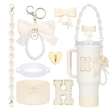 Imagem de Rabrgab Conjunto de acessórios para copo Stanley branco de 7 peças – topo de canudo com laço, pingente de laço fofo, bota de silicone com design de laço, alça de alça de garrafa de água e adesivo de