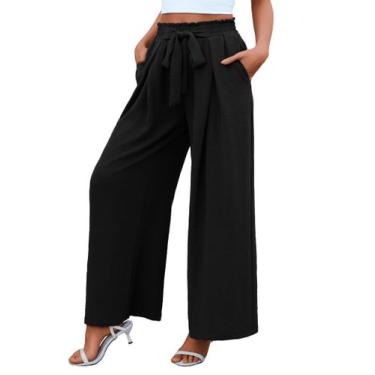 Imagem de Calça social feminina Teepie, cintura alta, perna larga, preta