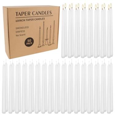 Imagem de Pacote com 50 velas brancas cônicas – velas clássicas sem cheiro de 25 cm, cera de parafina branca pura sem gotejamento com pavios de algodão, tempo de queima de 8 horas para casamento, Natal e