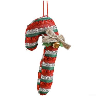 Imagem de Enfeite de Natal vermelho de pelúcia e tecido de bengala doce para decoração de árvore de Natal, sinos e laços, pingente festivo leve 13,5 x 7 x 3 cm