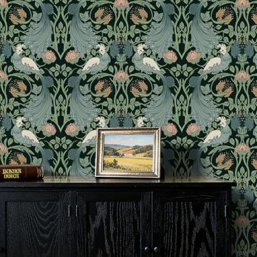 Imagem de Wallink Papel de parede vintage pássaro verde descascar e colar papel de parede de pássaro escuro com flor rosa 43 cm × 691 cm escuro vintage William Morris papel de parede para paredes papel de