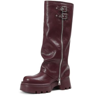 Imagem de Botas femininas até o joelho dobráveis, sola de plataforma grossa, confortável, de couro, bico redondo, gótico, motocicleta, combate, botas femininas, Vinho tinto, 37