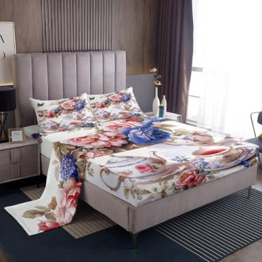 Imagem de Erosebridal Jogo de lençol solteiro, rosa, azul, vintage, rosa, chá e chá, para crianças, meninos e meninas, chá à tarde, lençol com elástico, 3 peças