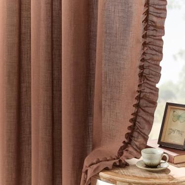 Imagem de Cortinas de linho terracota escura 182 cm de comprimento, 2 painéis, L 147 x C 198 cm, cortinas de linho texturizadas com babados para casa de fazenda para sala de estar, cortina recortada