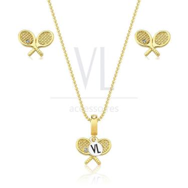 Imagem de Colar E Brinco Raquetes De Tennis Com Revestimento Em Ouro
