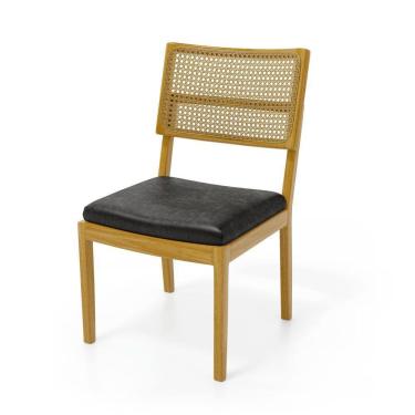 Imagem de Cadeira Milena Madeira Maciça Assento Estofado Encosto De Tela Palha Sextavada Courino Preto 503