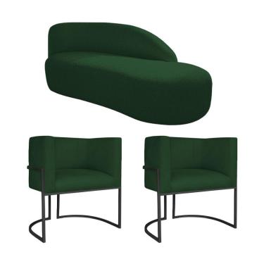 Imagem de Kit Divã Luna 140cm Lado Direito E 02 Poltronas Base De Ferro Preto Suede Verde
